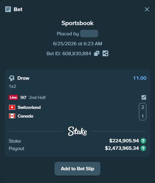 Bet slip: Switzerland - Canada, $225,130.85 stake at 11.00 odds, placed by 10111821