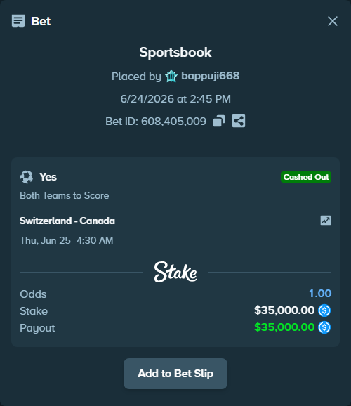 Bet slip: Switzerland - Canada, $35,000.00 stake at 1.79 odds, placed by bappuji668