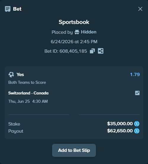 Bet slip: Switzerland - Canada, $35,000.00 stake at 1.79 odds, placed by bappuji668