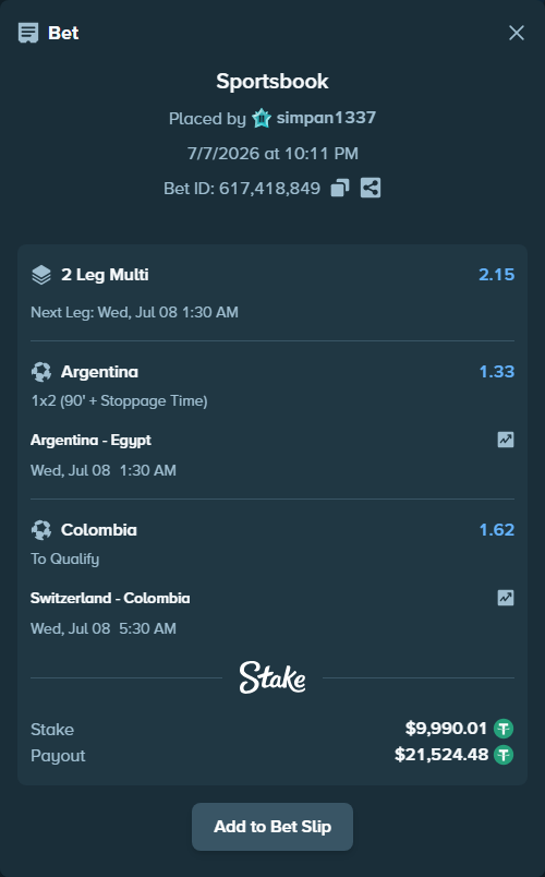Bet slip: Switzerland - Colombia, $10,000.00 stake at 1.62 odds, placed by simpan1337