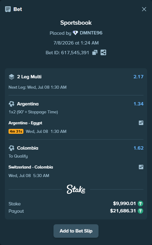 Bet slip: Switzerland - Colombia, $10,000.00 stake at 1.62 odds, placed by DMNTE96