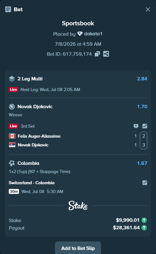 Bet slip: Switzerland - Colombia, $10,000.00 stake at 1.67 odds, placed by dakata1