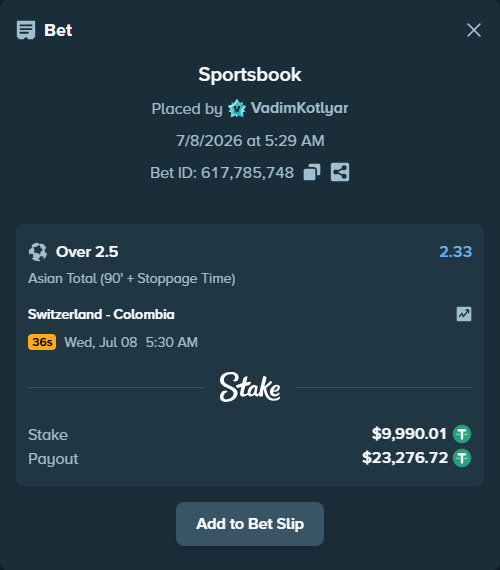 Bet slip: Switzerland - Colombia, $10,000.00 stake at 2.33 odds, placed by VadimKotlyar
