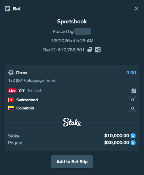 Bet slip: Switzerland - Colombia, $10,000.00 stake at 3.00 odds, placed by hagrid17