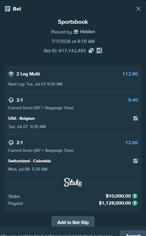 Bet slip: Switzerland - Colombia, $10,010.00 stake at 12.00 odds, placed by DeepPockets6