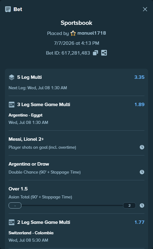 Bet slip: Switzerland - Colombia, $10,188.00 stake at 1.31 odds, placed by manuel1718