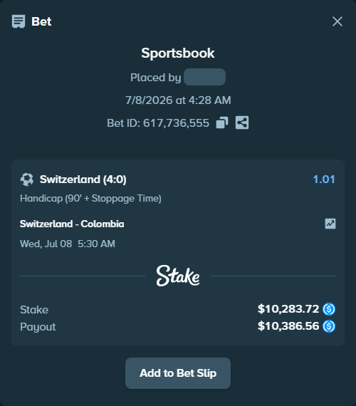 Bet slip: Switzerland - Colombia, $10,283.72 stake at 1.01 odds, placed by lightsum