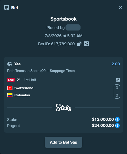 Bet slip: Switzerland - Colombia, $12,000.00 stake at 2.00 odds, placed by Hoggtann