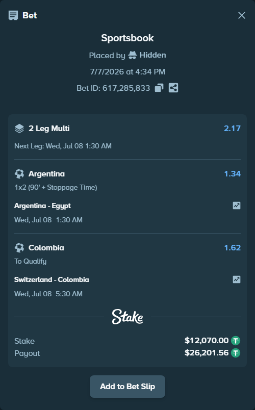 Bet slip: Switzerland - Colombia, $12,082.07 stake at 1.62 odds, placed by Hidden