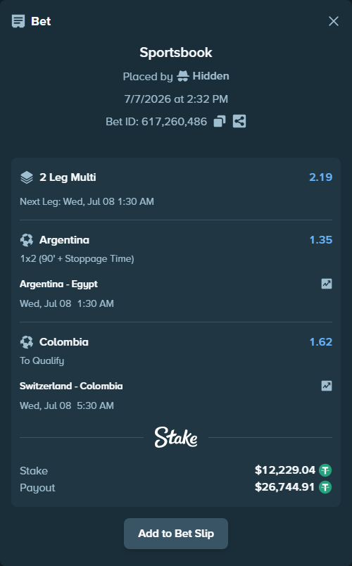 Bet slip: Switzerland - Colombia, $12,241.27 stake at 1.62 odds, placed by Hidden