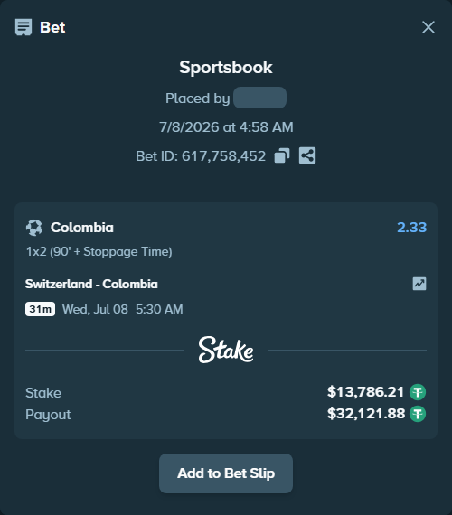 Bet slip: Switzerland - Colombia, $13,800.00 stake at 2.33 odds, placed by Yuse1508