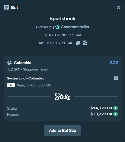 Bet slip: Switzerland - Colombia, $14,336.32 stake at 2.32 odds, placed by Governomazika