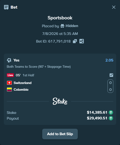 Bet slip: Switzerland - Colombia, $14,400.00 stake at 2.05 odds, placed by lven5