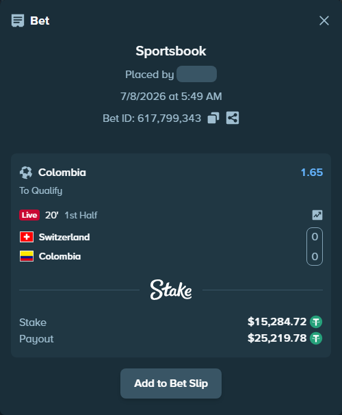 Bet slip: Switzerland - Colombia, $15,300.00 stake at 1.65 odds, placed by Adnanejoker