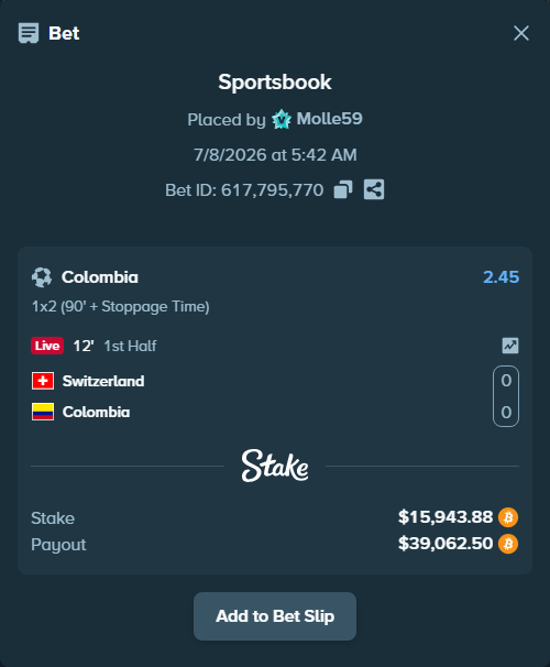 Bet slip: Switzerland - Colombia, $16,081.00 stake at 2.45 odds, placed by Molle59