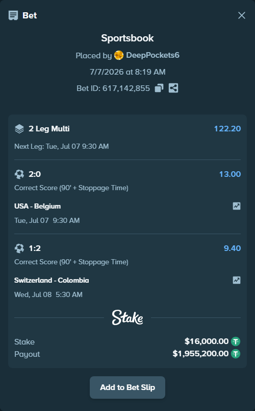 Bet slip: Switzerland - Colombia, $16,016.00 stake at 9.40 odds, placed by DeepPockets6