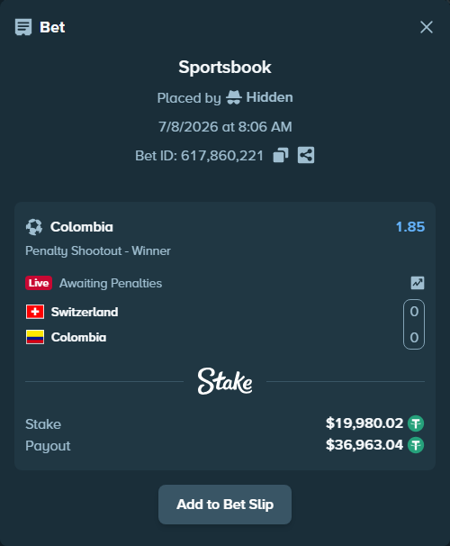 Bet slip: Switzerland - Colombia, $20,000.00 stake at 1.85 odds, placed by Hidden