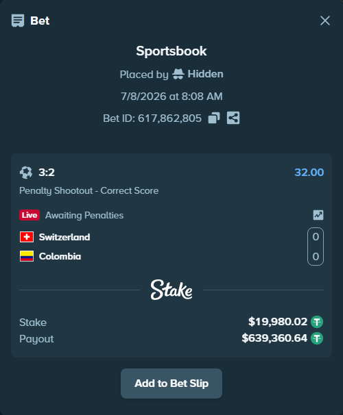 Bet slip: Switzerland - Colombia, $20,000.00 stake at 32.00 odds, placed by Hidden