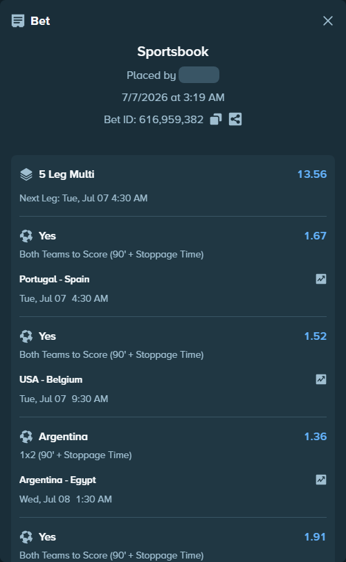 Bet slip: Switzerland - Colombia, $21,887.68 stake at 1.91 odds, placed by Governomazika