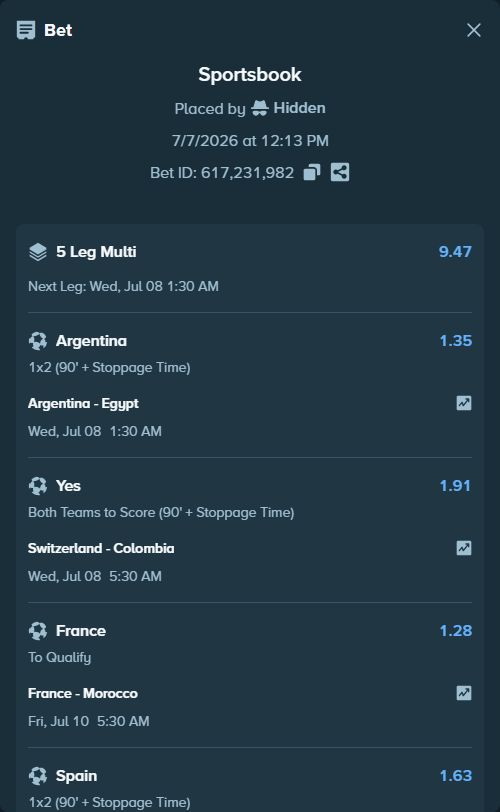 Bet slip: Switzerland - Colombia, $22,200.00 stake at 1.91 odds, placed by Hidden