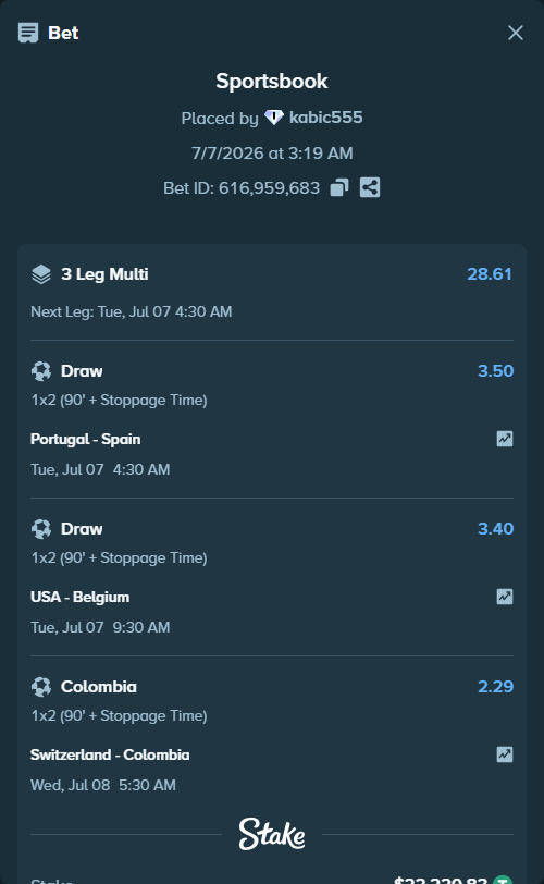 Bet slip: Switzerland - Colombia, $22,243.05 stake at 2.29 odds, placed by kabic555