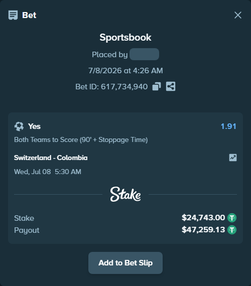 Bet slip: Switzerland - Colombia, $24,767.74 stake at 1.91 odds, placed by reggieewellq
