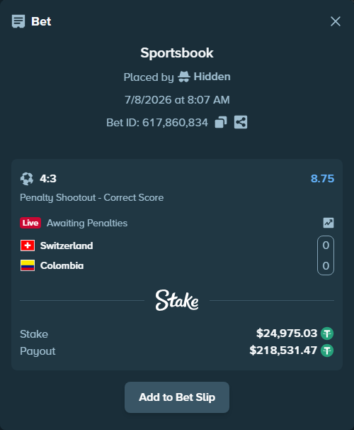 Bet slip: Switzerland - Colombia, $25,000.00 stake at 8.75 odds, placed by Hidden