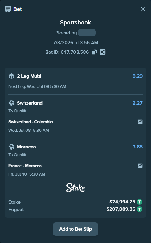 Bet slip: Switzerland - Colombia, $25,019.24 stake at 2.27 odds, placed by Rosspicks