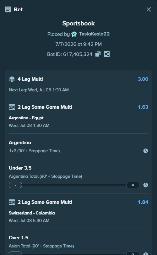 Bet slip: Switzerland - Colombia, $25,021.00 stake at 1.42 odds, placed by TeslaKesla22