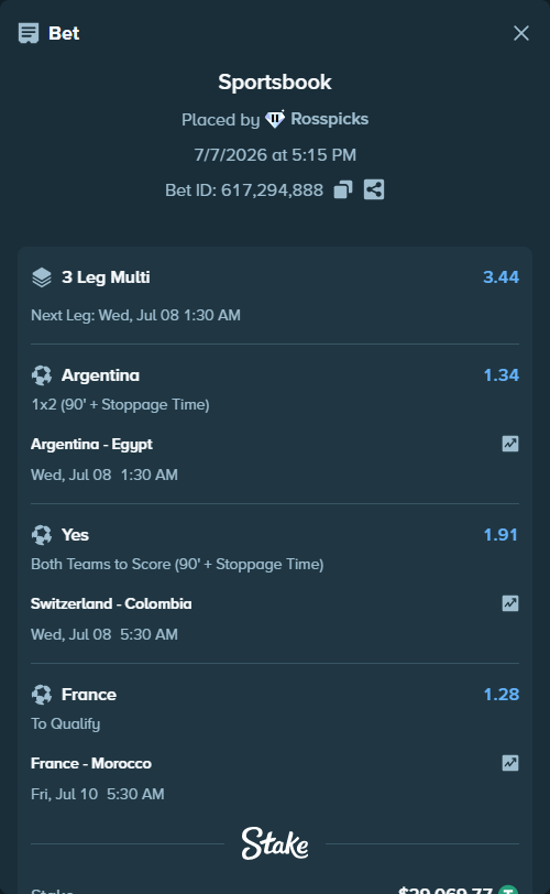 Bet slip: Switzerland - Colombia, $29,098.84 stake at 1.91 odds, placed by Rosspicks