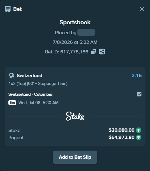 Bet slip: Switzerland - Colombia, $30,110.08 stake at 2.16 odds, placed by Maxitr67