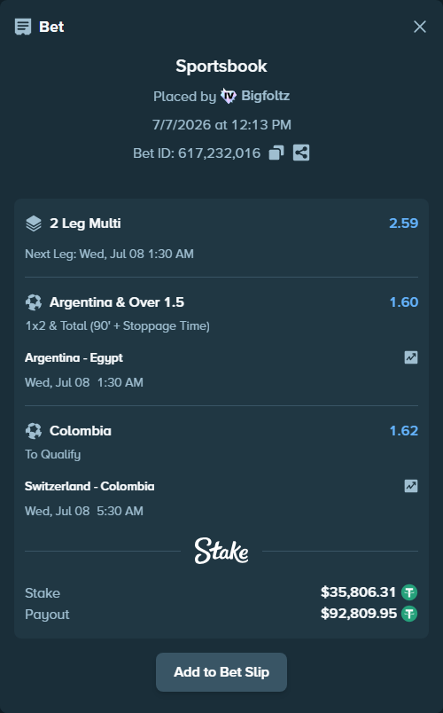 Bet slip: Switzerland - Colombia, $35,842.11 stake at 1.62 odds, placed by Bigfoltz