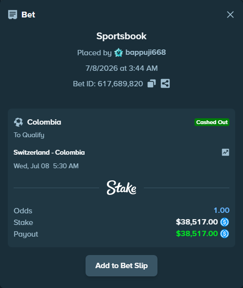 Bet slip: Switzerland - Colombia, $38,517.00 stake at 1.62 odds, placed by bappuji668
