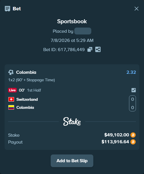 Bet slip: Switzerland - Colombia, $49,492.71 stake at 2.32 odds, placed by sanchvies11