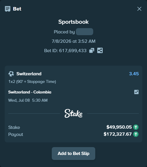 Bet slip: Switzerland - Colombia, $50,000.00 stake at 3.45 odds, placed by Champjoll