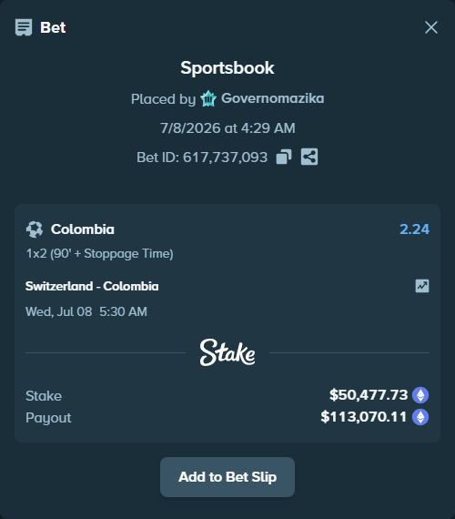 Bet slip: Switzerland - Colombia, $53,269.71 stake at 2.24 odds, placed by Governomazika
