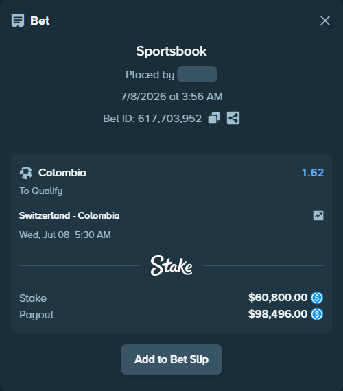 Bet slip: Switzerland - Colombia, $60,800.00 stake at 1.62 odds, placed by bappuji668