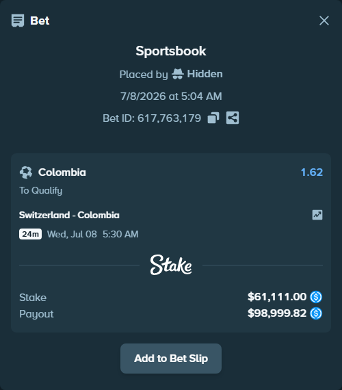 Bet slip: Switzerland - Colombia, $61,111.00 stake at 1.62 odds, placed by bappuji668
