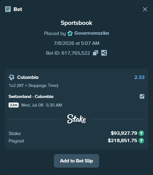 Bet slip: Switzerland - Colombia, $94,021.72 stake at 2.33 odds, placed by Governomazika