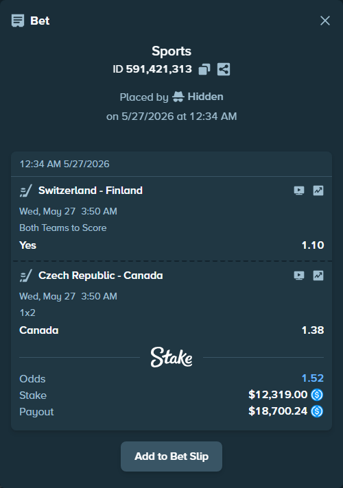 Bet slip: Switzerland - Finland, $12,319.00 stake at 1.10 odds, placed by Hidden
