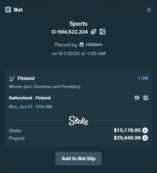 Bet slip: Switzerland - Finland, $13,594.21 stake at 1.94 odds, placed by Hidden