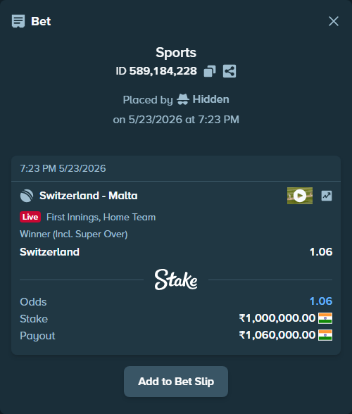 Bet slip: Switzerland - Malta, $12,000.00 stake at 1.06 odds, placed by Hidden