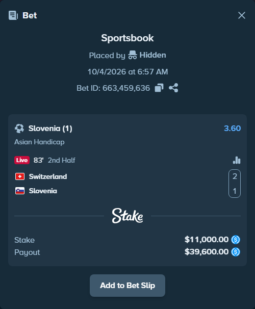 Bet slip: Switzerland - Slovenia, $11,000.00 stake at 3.60 odds, placed by Hidden