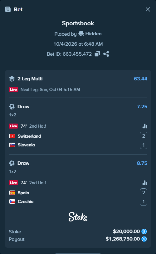 Bet slip: Switzerland - Slovenia, $20,000.00 stake at 7.25 odds, placed by Hidden