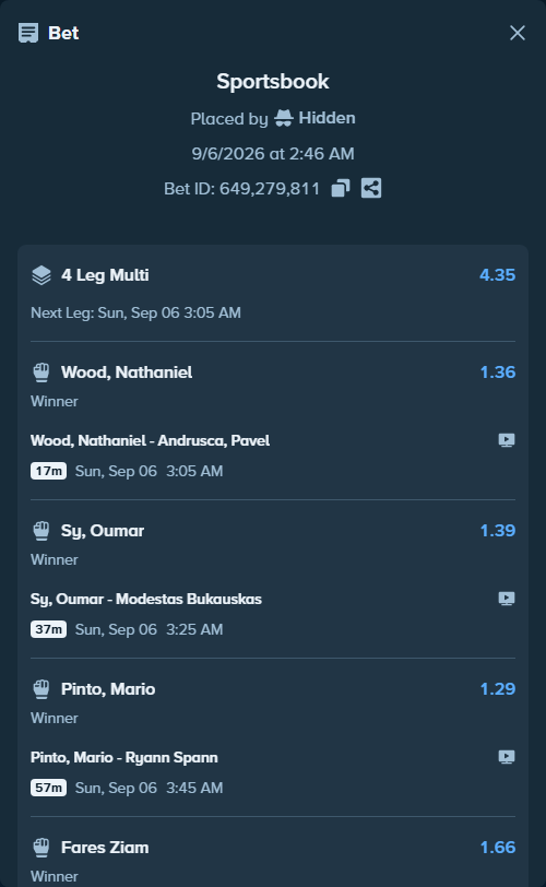 Bet slip: Sy, Oumar - Modestas Bukauskas, $10,000.00 stake at 1.39 odds, placed by Hidden