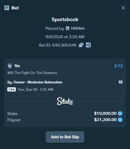 Bet slip: Sy, Oumar - Modestas Bukauskas, $10,000.00 stake at 2.12 odds, placed by Hidden