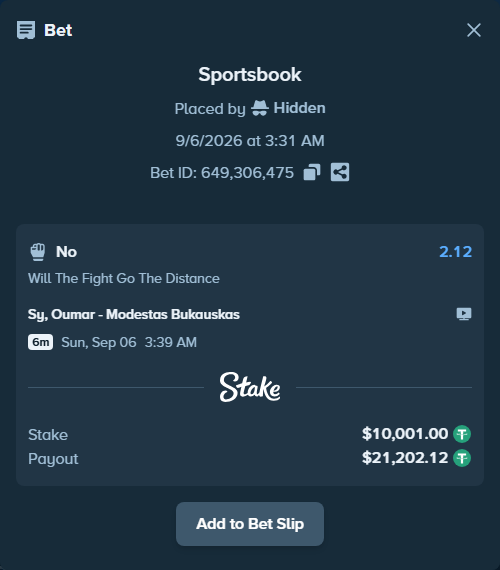 Bet slip: Sy, Oumar - Modestas Bukauskas, $10,000.00 stake at 2.12 odds, placed by Hidden