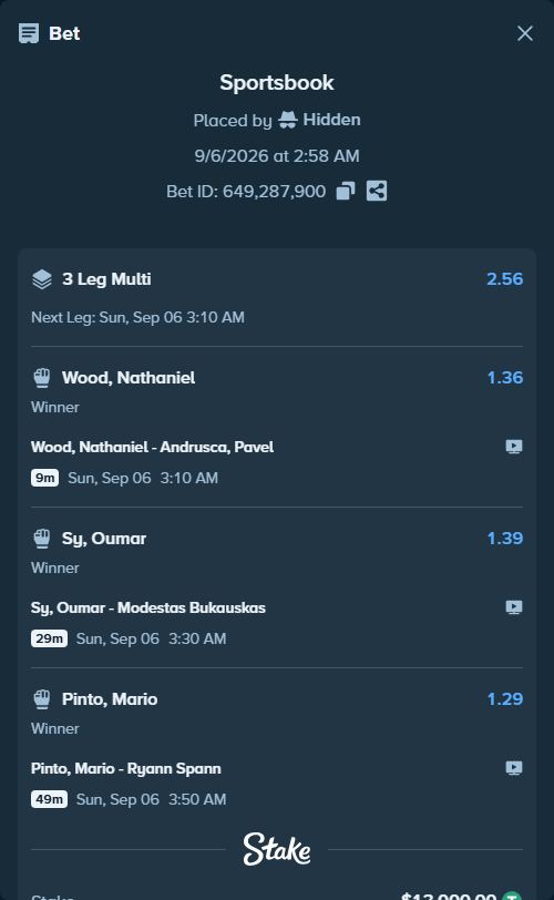 Bet slip: Sy, Oumar - Modestas Bukauskas, $12,998.70 stake at 1.39 odds, placed by Hidden
