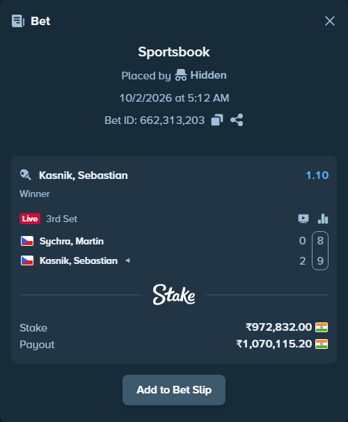 Bet slip: Sychra, Martin - Kasnik, Sebastian, $11,673.98 stake at 1.10 odds, placed by shiiivaniii
