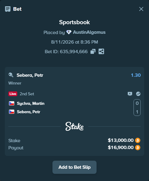 Bet slip: Sychra, Martin - Sebera, Petr, $13,046.41 stake at 1.30 odds, placed by AustinAlgamus